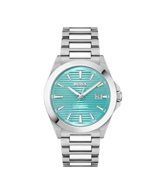 Gents BOSS Strike Stainless Steel Bracelet Watch with Turquoise Dial