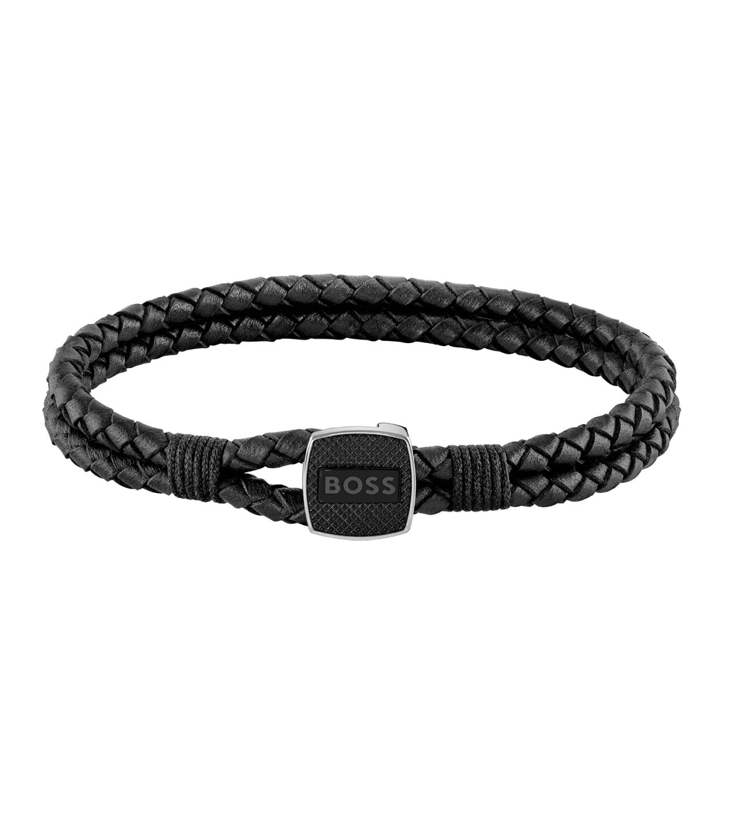 Gents BOSS Seal Braided Black Leather Bracelet