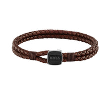 Load image into Gallery viewer, Gents BOSS Seal Braided Brown Leather Bracelet
