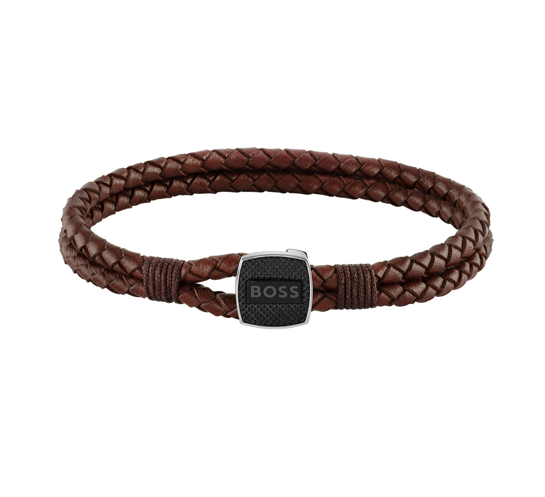 Gents BOSS Seal Braided Brown Leather Bracelet