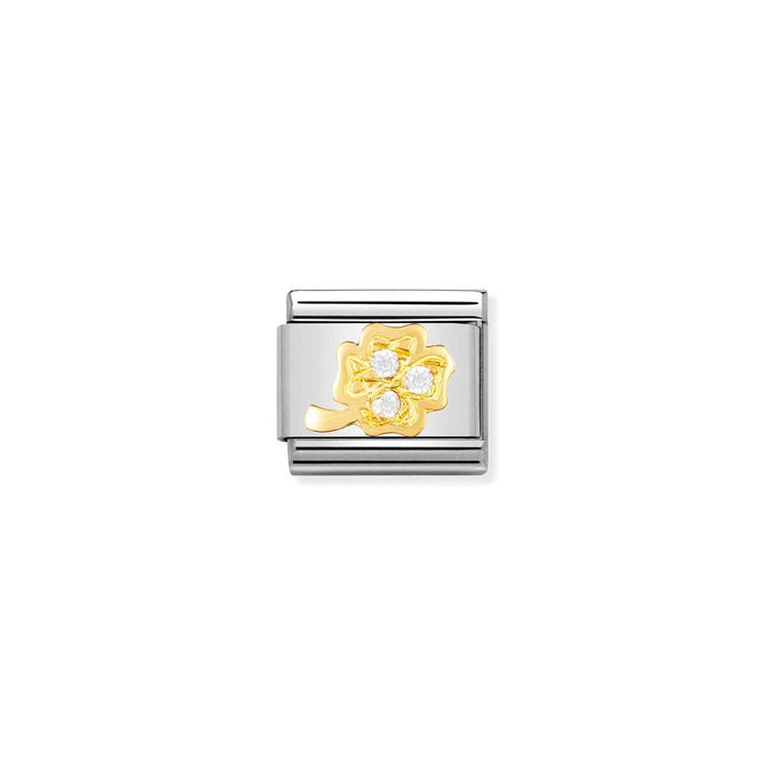 Nomination Classic Gold and Cubic Zirconia WHITE four-leaf clover Charm