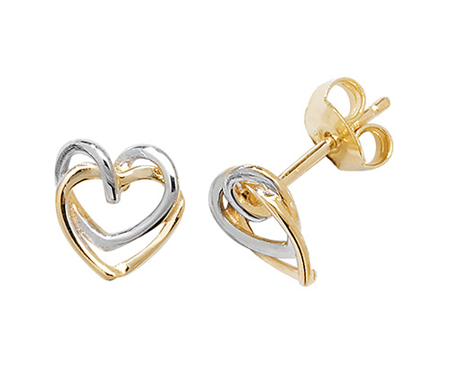 9ct Yellow & White Gold Interlocking Heart Stud Earrings