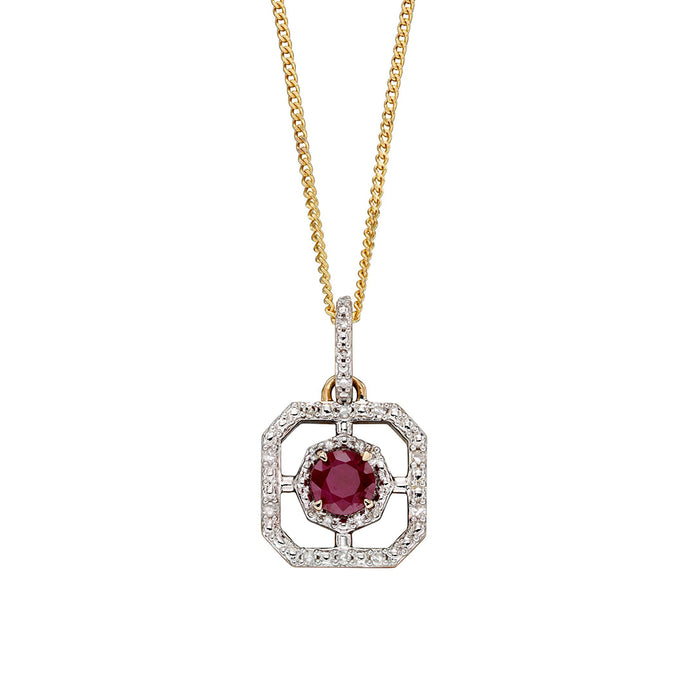 9ct Yellow Gold Ruby and Diamond Art Deco Pendant