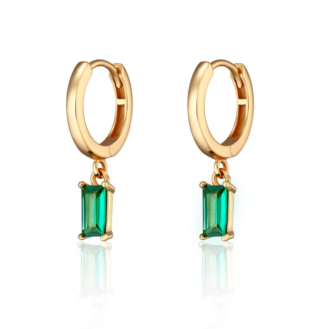 Gold Green Baguette Charm Hoop Earrings