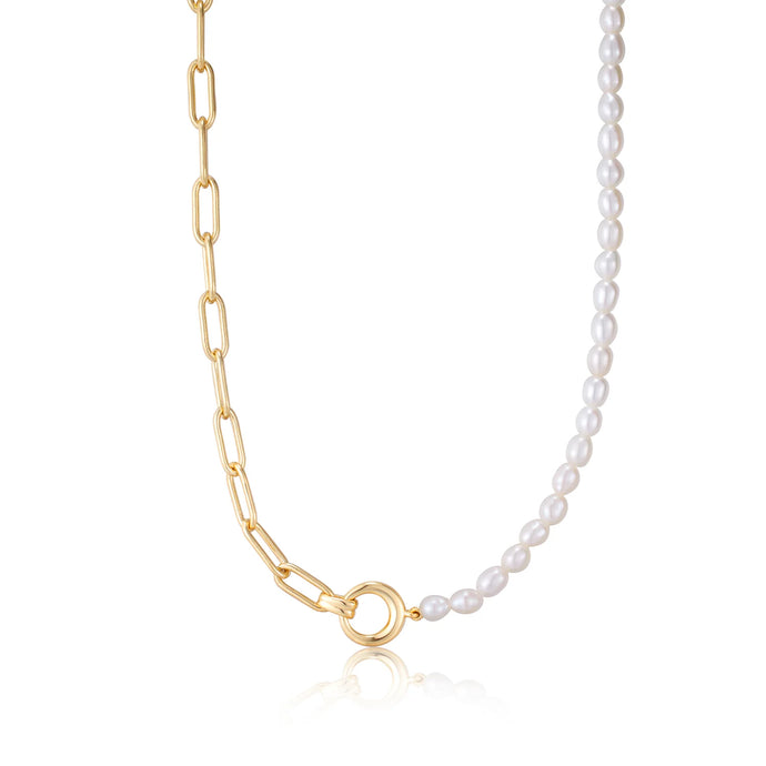 Gold Pearl Chunky Link Chain Necklace N043-01G