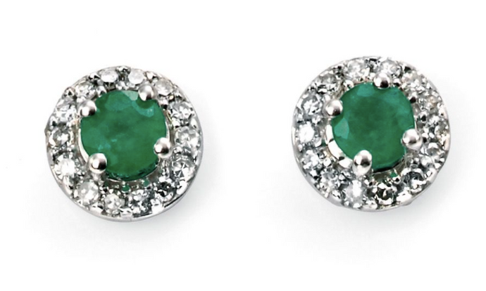 9ct White Gold Emerald with Diamond Halo Studs