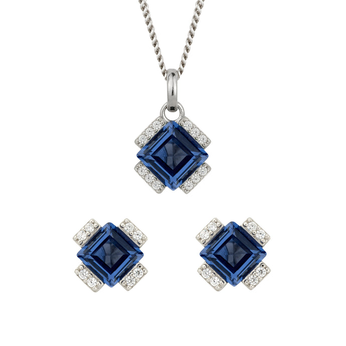 Recycled Silver Square Sapphire Blue Nano Crystal And CZ Necklace & Earring Set With Platinum Plating